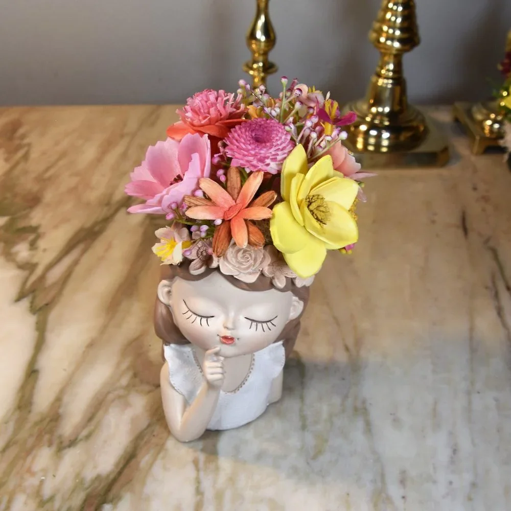 Planter with bright flowers you never water! Molded resin girl-adorable details